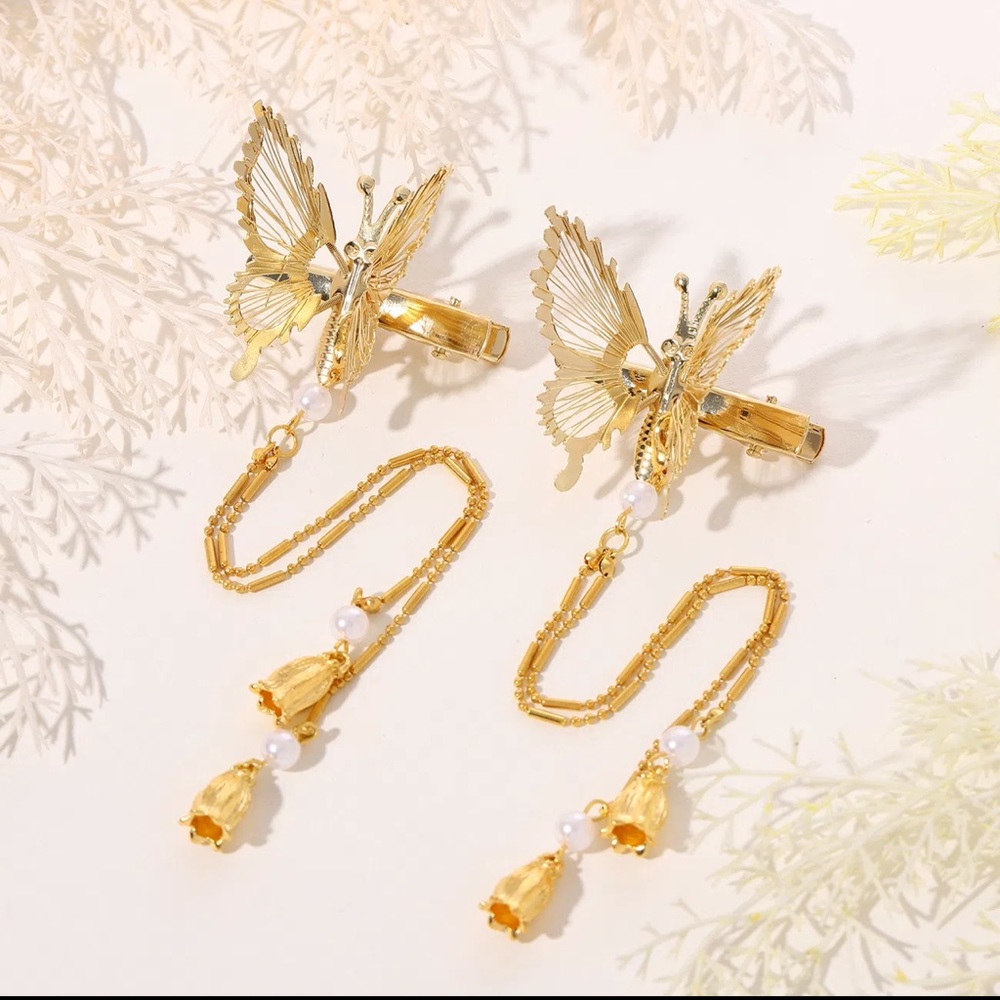 🆕 1Pc Metallic Gold Butterfly Hairpin With Fringe